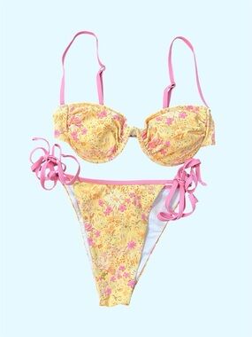 Cider Yellow Floral Bikini with Pink Straps size s